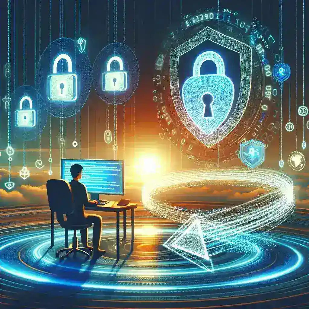 "Ethical hacker analyzing code on a computer screen to protect digital identities and enhance cybersecurity in a modern digital landscape."