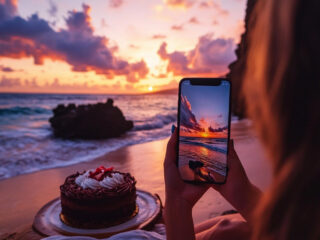 girl takes photo of sunset