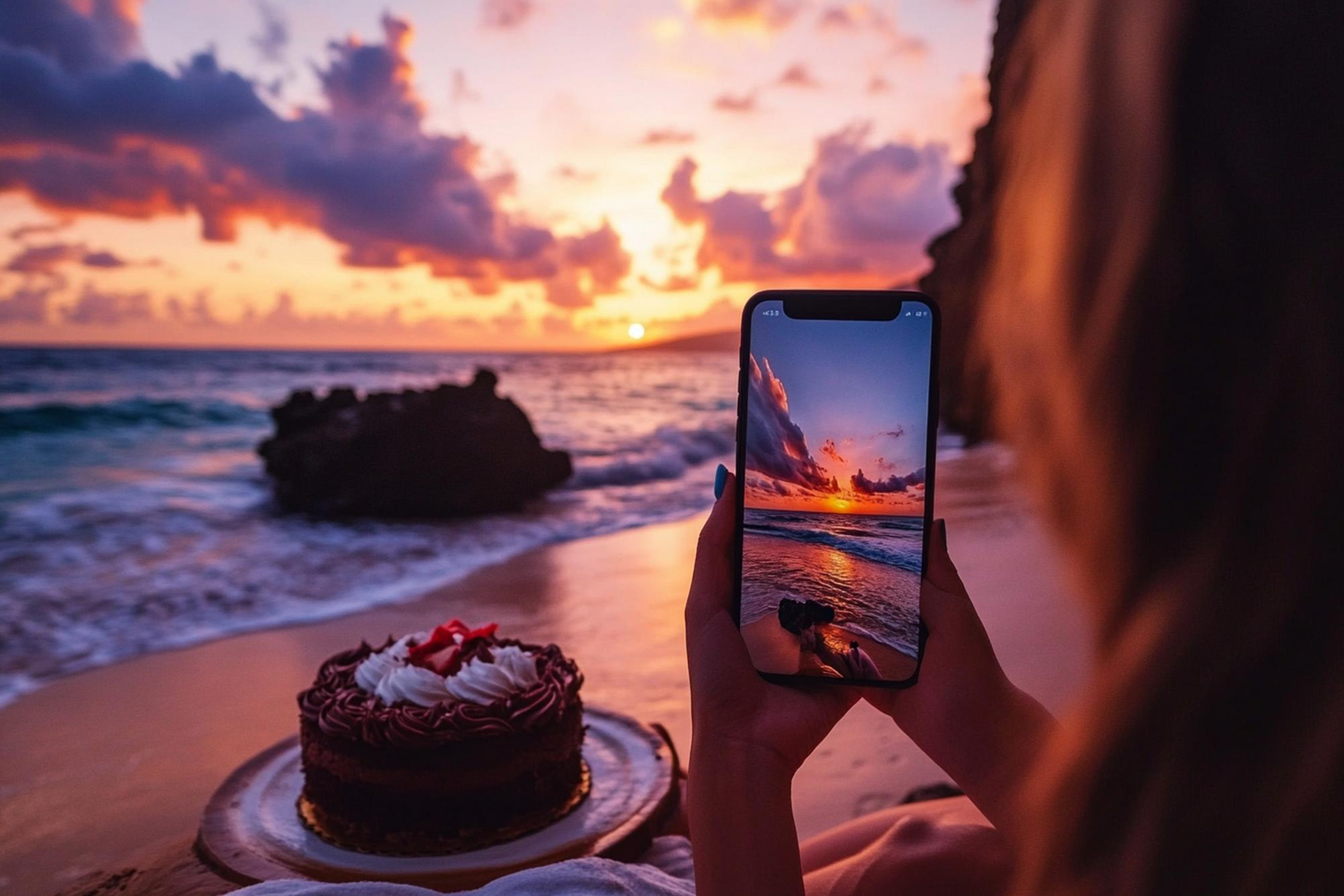 girl takes photo of sunset