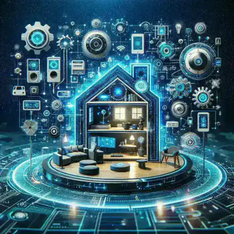"Smart home system demonstrating seamless device control with AI technology, featuring voice-activated gadgets and automated lighting in a modern living room setting."