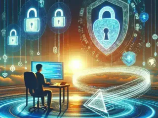 "Ethical hacker analyzing code on a computer screen to protect digital identities and enhance cybersecurity in a modern digital landscape."