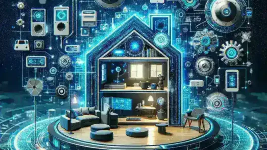 "Smart home system demonstrating seamless device control with AI technology, featuring voice-activated gadgets and automated lighting in a modern living room setting."