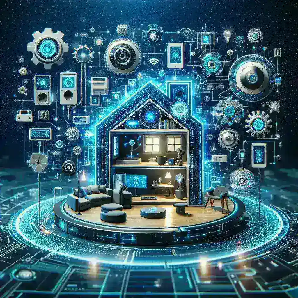 "Smart home system demonstrating seamless device control with AI technology, featuring voice-activated gadgets and automated lighting in a modern living room setting."