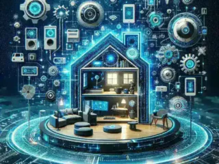 "Smart home system demonstrating seamless device control with AI technology, featuring voice-activated gadgets and automated lighting in a modern living room setting."