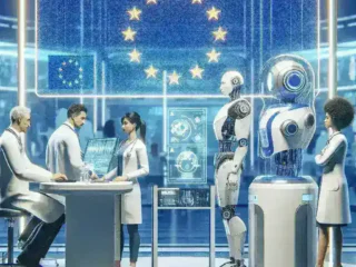 "Healthcare professional analyzing AI-generated medical diagnostic data under the new EU framework for ethical AI in healthcare."