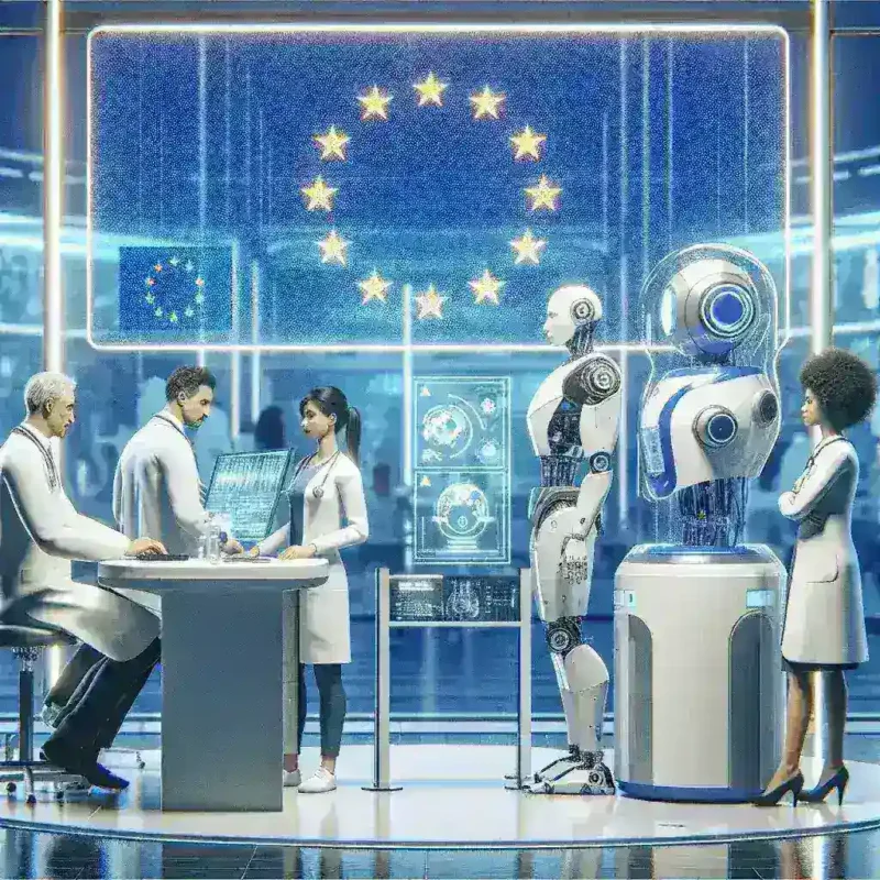 "Healthcare professional analyzing AI-generated medical diagnostic data under the new EU framework for ethical AI in healthcare."
