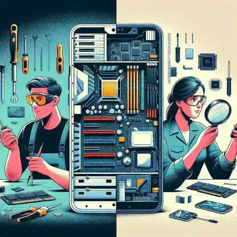 "Infographic comparing PC modularity and mobile repairability, highlighting key lessons on upgradeability, components accessibility, and environmental impact."