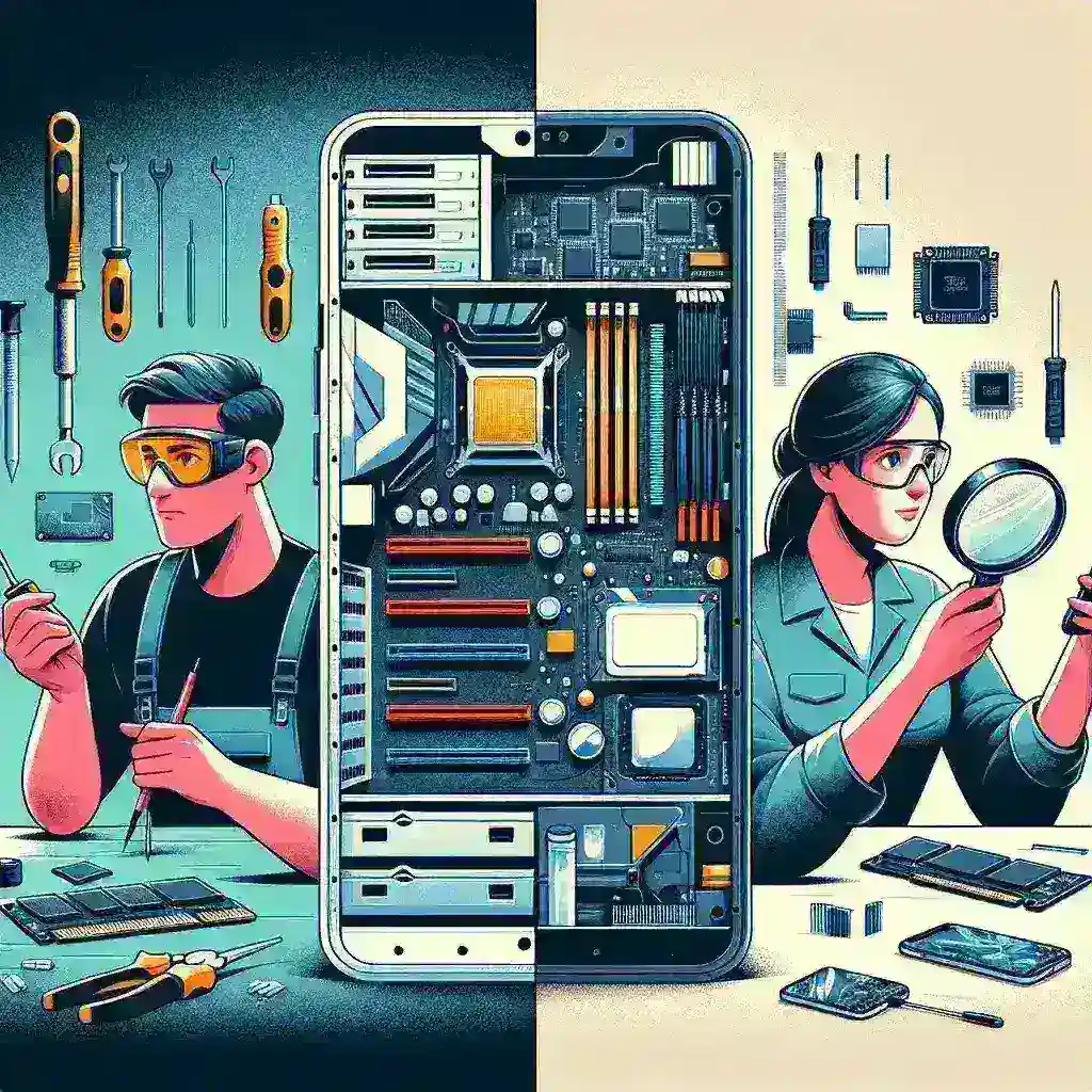 "Infographic comparing PC modularity and mobile repairability, highlighting key lessons on upgradeability, components accessibility, and environmental impact."