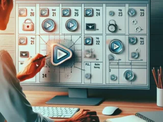 "Person using a built-in calendar tool on a laptop to schedule social media videos, illustrating the concept of streamlined content management in a guide."