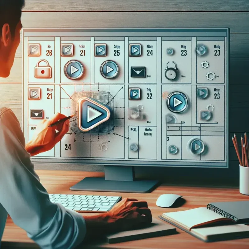 "Person using a built-in calendar tool on a laptop to schedule social media videos, illustrating the concept of streamlined content management in a guide."