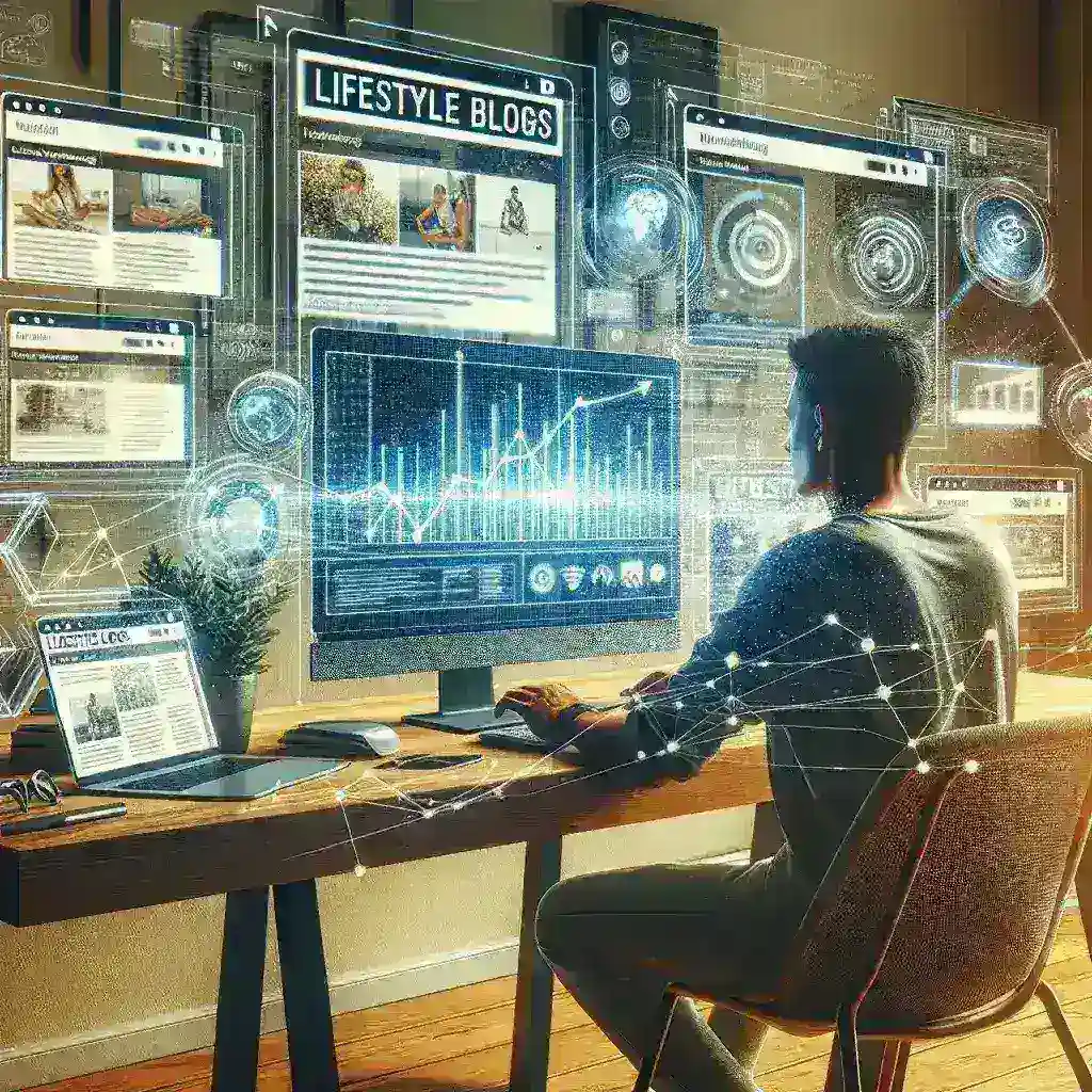 "Image of a person analyzing lifestyle blog data on a laptop, symbolizing digital trend forecasting and analysis for lifestyle trends."