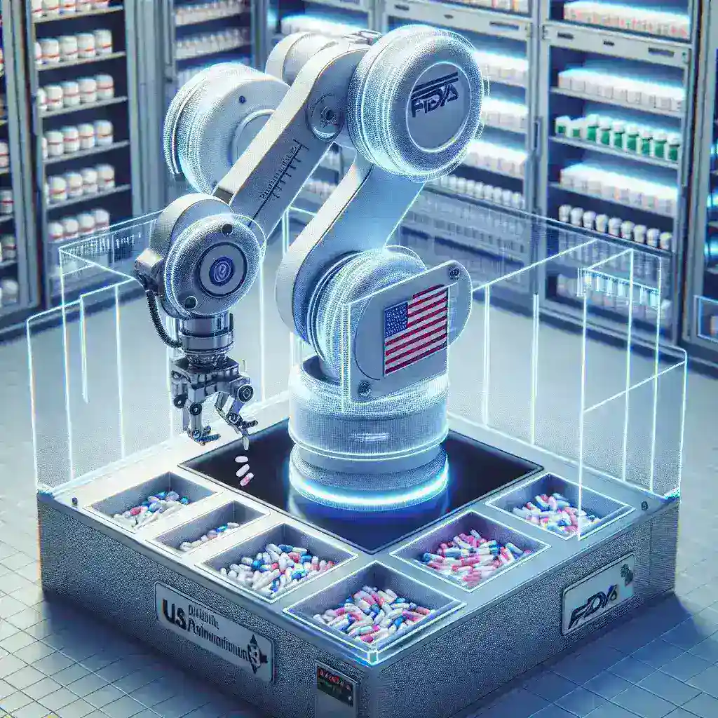 "Robotic pill dispenser in a healthcare setting, showcasing FDA evaluation for improving patient care and medication management."