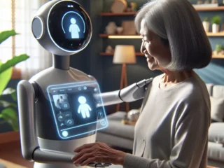 "AI-powered robotic caregiver interacting with a dementia patient, providing memory prompts and support for cognitive assistance."