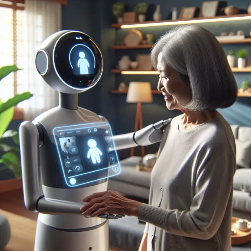"AI-powered robotic caregiver interacting with a dementia patient, providing memory prompts and support for cognitive assistance."