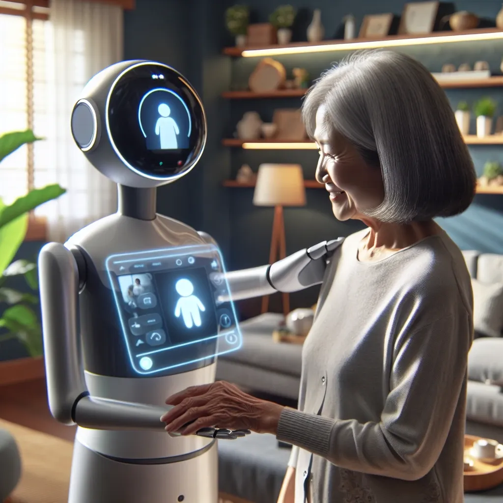 "AI-powered robotic caregiver interacting with a dementia patient, providing memory prompts and support for cognitive assistance."