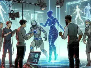 "Epic Games team demonstrates real-time motion capture technology for virtual sets, showcasing innovative tools at a modern studio environment."