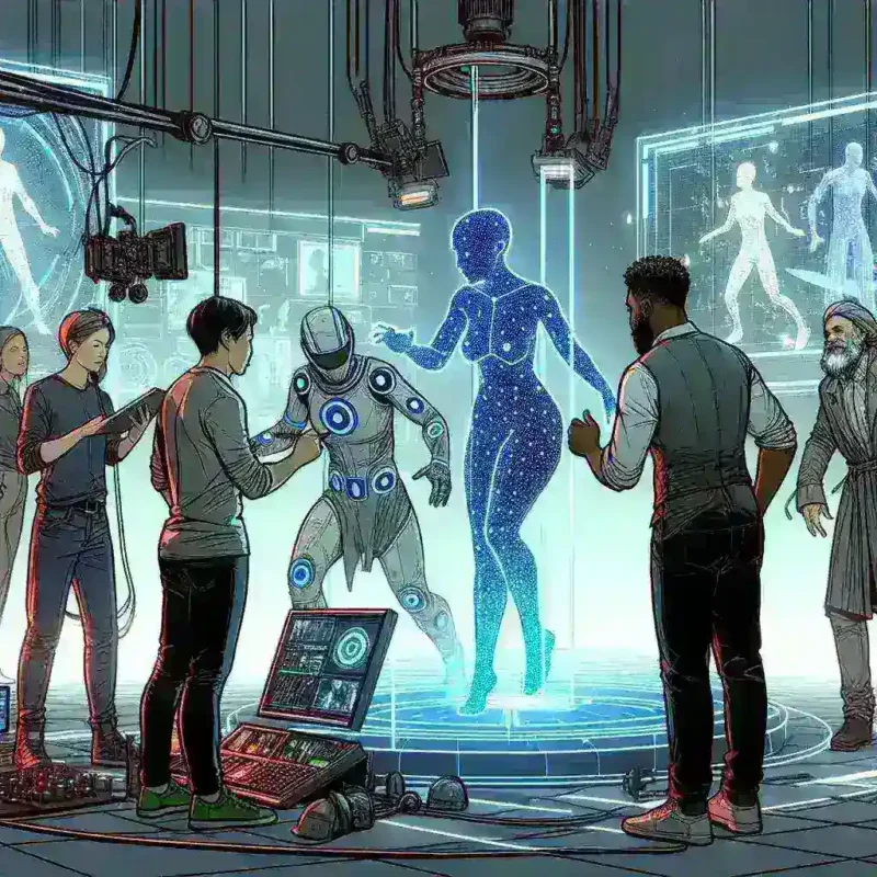 "Epic Games team demonstrates real-time motion capture technology for virtual sets, showcasing innovative tools at a modern studio environment."