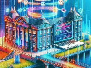 "Student using higher-ed LMS platform to verify assignment provenance for synthetic media, highlighting the integration of technology in educational assessment."